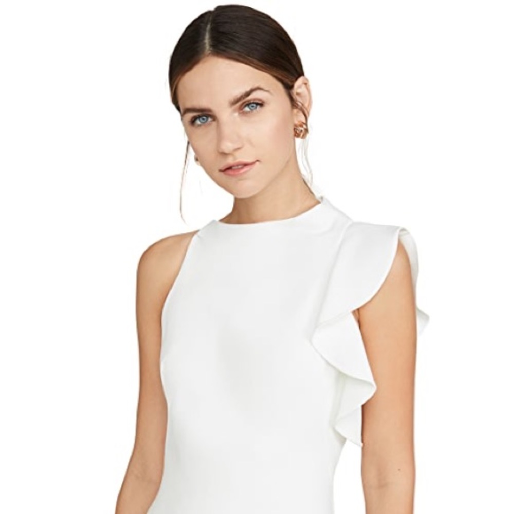 Black Halo “Pabla” white minidress with ruffle, size 8.